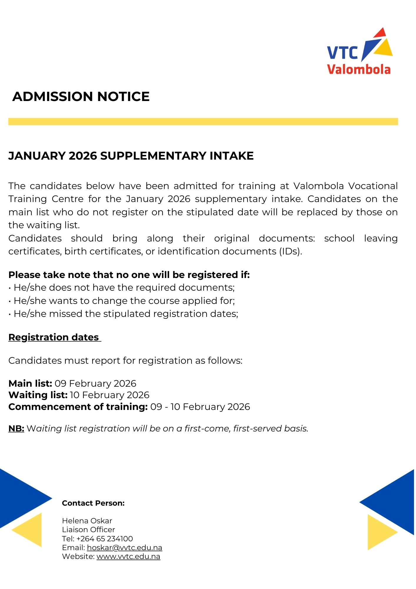 JANUARY 2026 SUPPLEMENTARY INTAKE - ADMISSION LIST